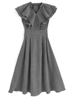 ギンガムチェック柄Vネックフリルフレアワンピース[ta050] S