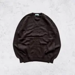 Vネックニット ウールセーター 茶色 無地 シンプル 古着 ノームコア レトロ