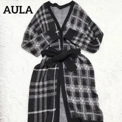 AULA アウラ　アンゴラ混　アシンメトリー　ロングカーディガン　チェック柄
