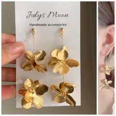 6953アンティークピアスイヤリングゴールド大ぶりフラワーロングお花韓国シンプル