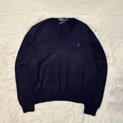 春☆ ポロラルフローレン Vネック セーター M ネイビー ピマコットン100%
