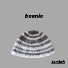 ビーニー　クラッシャーハット　ボーダー　グレー×白　ハンドメイド　手編み　編み物