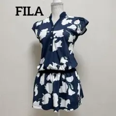 フィラ　テニスウェア　半袖ワンピース　フラワー　ボタン　ポケット　ネイビー