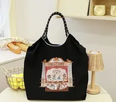 再入荷！大人気　猫刺繍トートバッグ ショッピングバッグ エコバッグ　ブラック