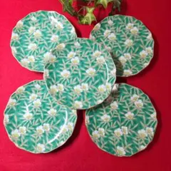 値下げ‼️第一陶器　明宝窯　緑彩山茶花　小皿揃　５枚セット　金彩　　銘々皿　箱入のサムネイル