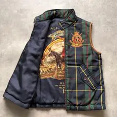 美品 ラルフローレン エコダウンベスト シルク エンブレム刺繍　チェック S