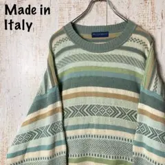 イタリア製 ビンテージ 総柄 デザイン ニット グリーン アメリカ古着