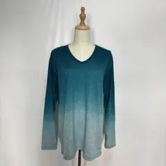 TKMIXPICE グラデＶネックニット素材ロンT（X L）ピーコックグリーン系