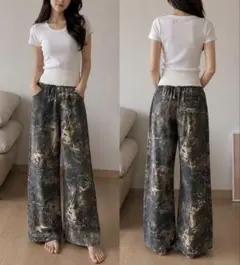【新品タグ付き】リアルツリー柄 ウエストリブ ワイドパンツ
