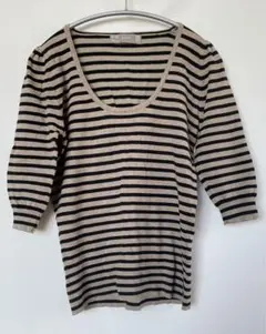 【ZARA】ザラ ベージュと黒のストライプ 五分丈ニットトップス