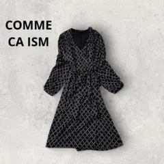 コムサイズム ラップワンピース 総柄 ロゴチェック カットソー リボン ブラック