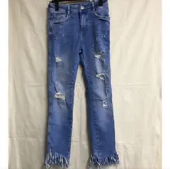 未使用【ZARA★ザラ】クロップド丈 ダメージデニム 裾フリンジ