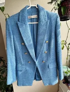 タイトル: ZARA ツイードジャケット ブルー XS ダブルブレスト 美品