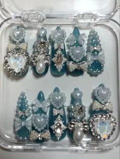 匿名発送 ポイント キラキラデコロングネイルチップ 水色×パール