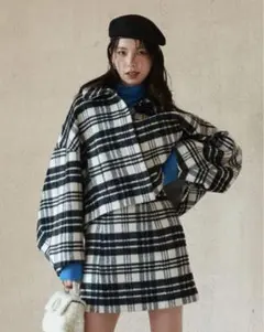 チェックウールブレンドショートコート＆スカート上下セット Mサイズ 美品