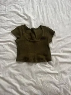 JUEMI オリーブリブ編み半袖トップス