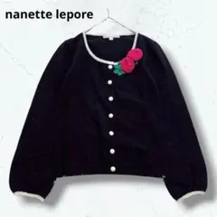 ナネットレポー カーディガン 立体花モチーフ ローズ ウール 黒 バイカラー