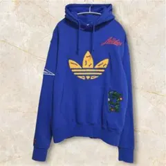 adidas アディダス 刺繍ビッグロゴパーカー XL 裏起毛 ワッペン ブルー