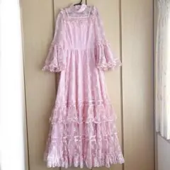 ヴィンテージ風 総レース ティアード マキシ丈ドレス ピンク M相当　舞台衣装