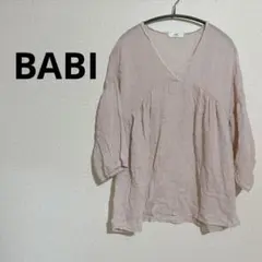 美品★ BABI リネン Vネック シャツ 五分袖 ピンク 薄ピンク 秋春服
