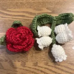 バラ　鈴蘭の花 ブローチセット　手編み