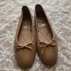 ZARA ブラウン リボン付きバレエシューズ