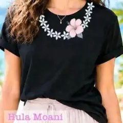 プルメリアのレイTシャツ・Ｌ♡フラダンス ハワイアン♡花 黒 おしゃれのサムネイル