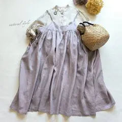 作家 さん リネン エプロン ギャザー ワンピース ハンドメイド 麻 100