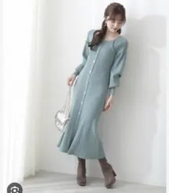 フロント釦マーメイドニットワンピース グリーン