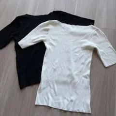 リブニット 半袖 Tシャツ 2枚セット ブラック ホワイト　ポートネック　黒　白