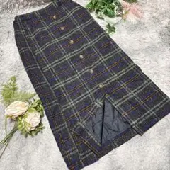 Samansa Mos2 blue チェック柄スリットロングスカート