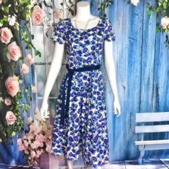 LAURA ASHLEY ホワイトブルーパープルフラワーワンピース　S