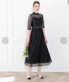 Leja オケージョンドレス 刺繍レース切り替えハイウエストワンピースドレス