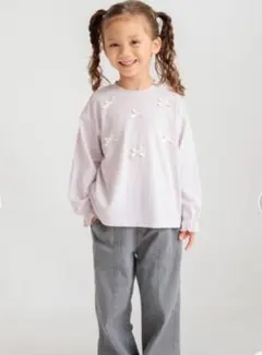 薄紫 リボン刺繍 長袖カットソー