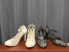 レースパンプス 2足セット ホワイトL・ブラック24cm ヒール9〜9.5cm