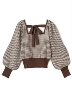 GRL 千鳥格子柄スクエアネック　バックリボンニット　バルーンスリーブニット　M
