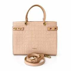 良品 FURLA フルラ レディM 2WAY クロコ型押し ベージュ