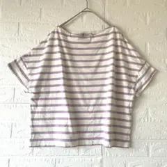 ナノ・ユニバース 白×紫 ボーダーワイドドロップ Tシャツ