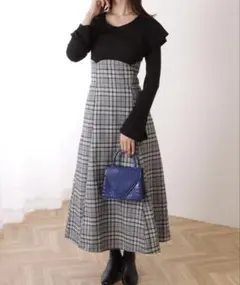 Lace Ladies ビッグカラーチェック柄ドッキング ロングニットワンピースのサムネイル
