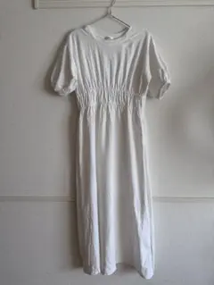 ローリーズファーム 半袖 ギャザーロング丈ワンピース白 綿100% フリーサイズ