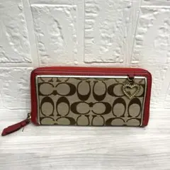 COACH 長財布 シグネチャー　ベージュ/レッド