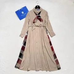 ブルーレーベルクレストブリッジ　ドレープツイルワンピース　リボンタイ　チェック