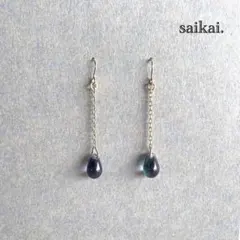 [089]チェコガラスドロップのフックピアス エメラルド ブルー ハンドメイド