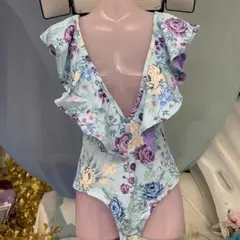 水色 花柄 フリル ワンピース水着
