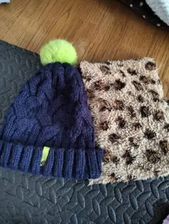 ネイビー ケーブル編みニット帽＆ネックウォーマー