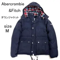 アバクロ ダウンジャケット フード付き ネイビー M チェック裏地