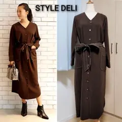 STYLE DELI　ホワイトステッチVネックワンピース　ブラウン　イエナ　茶色