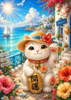 043【海風と麦わら帽子の招き猫 】南国の幸運リゾート AIアート A4対応