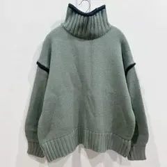 ⚫︎タートルネックニット 【F】プルオーバー 配色パイピング セージグリーン