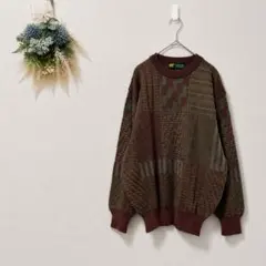 ゴールデンベア 総柄ニット M ボルドー ゆったり 秋冬 クルーネック 美品のサムネイル